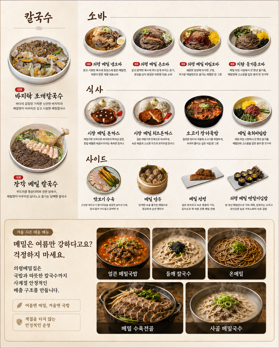 의령메밀집 전체 메뉴 — 칼국수 2종, 소바 4종, 식사 4종, 사이드 4종, 겨울 시즌 5종